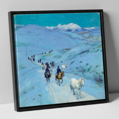 Alpine Winter Cavalcade horse landscape canvas wall art in black frame