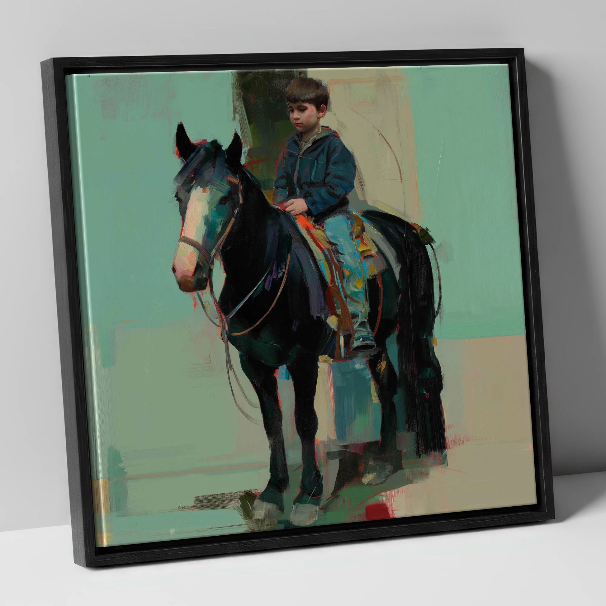 The Quiet Partnership horse & rider canvas wall art in black frame