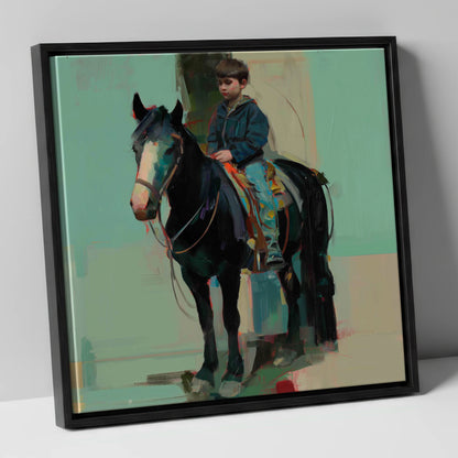 The Quiet Partnership horse & rider canvas wall art in black frame