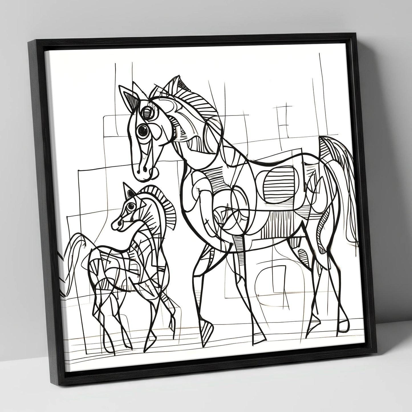 Linear Connection mare & foal canvas wall art in black frame