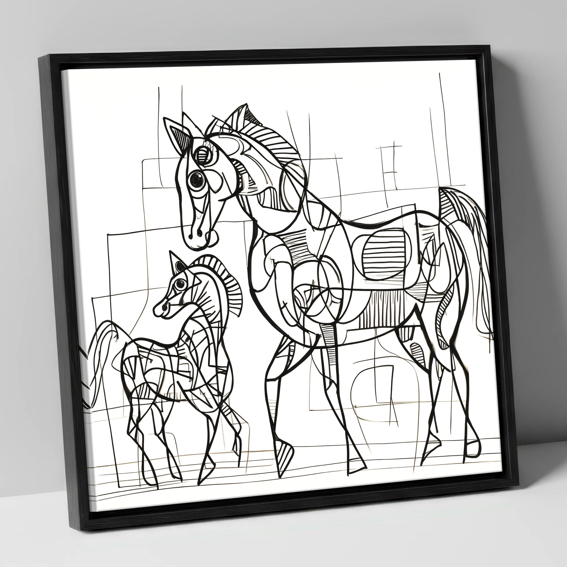 Linear Connection mare & foal canvas wall art in black frame