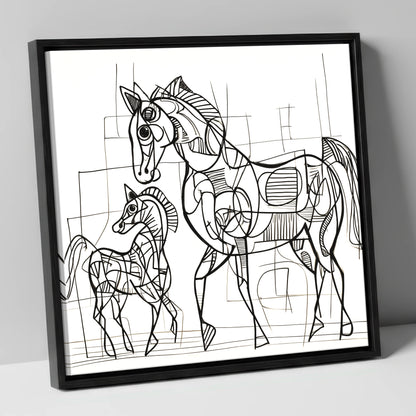 Linear Connection mare & foal canvas wall art in black frame