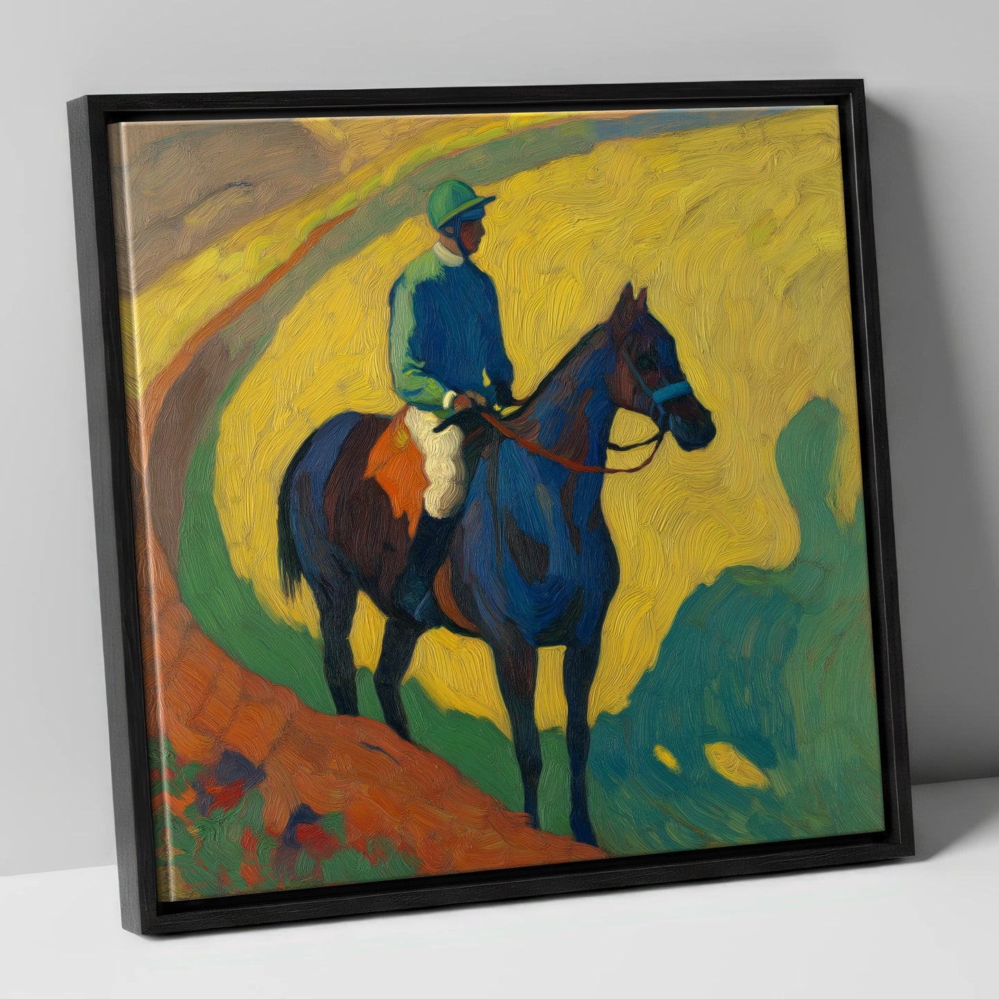 The Blue Thoroughbred racing horse canvas wall art in black frame