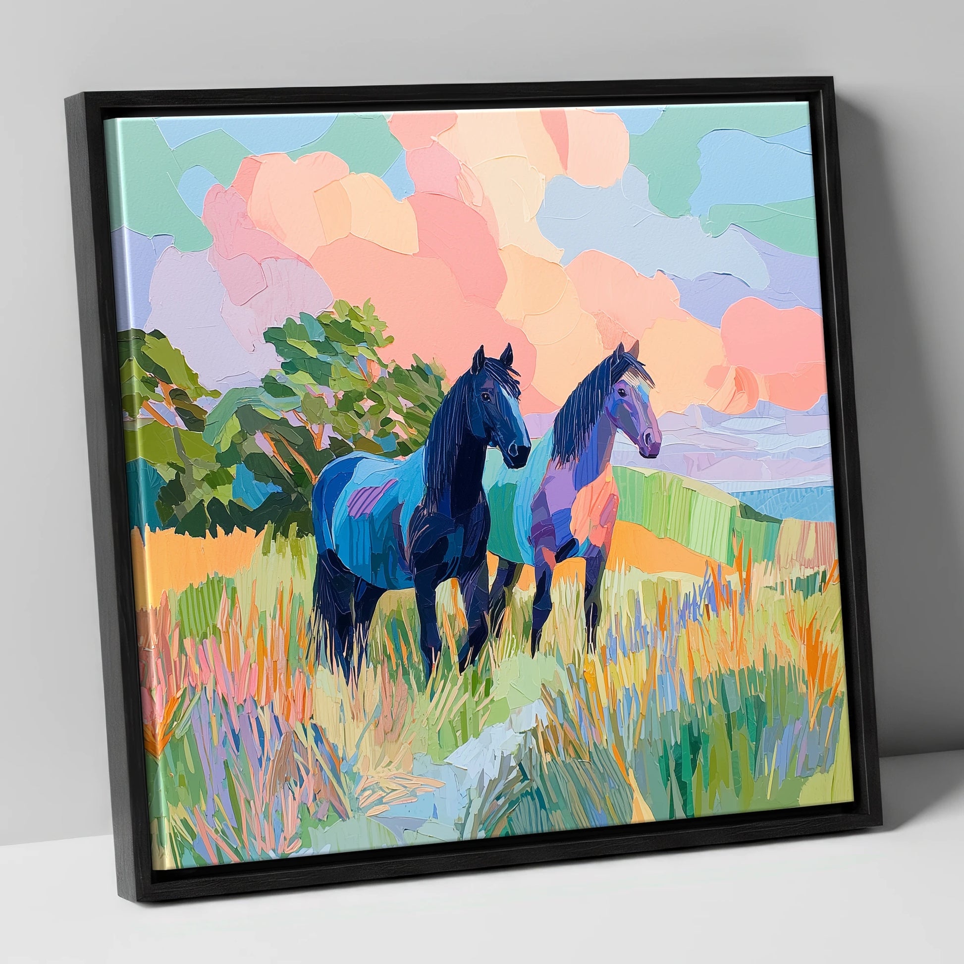 Pastures in Pastel horse landscape canvas wall art in black frame
