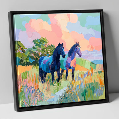 Pastures in Pastel horse landscape canvas wall art in black frame