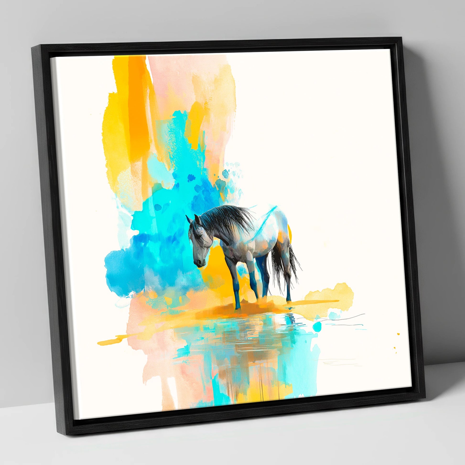 Vibrant Grey Reflection horse portrait canvas wall art in black frame