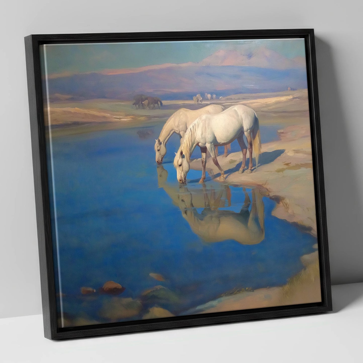 Reflections in Azure wild horses canvas wall art in black frame