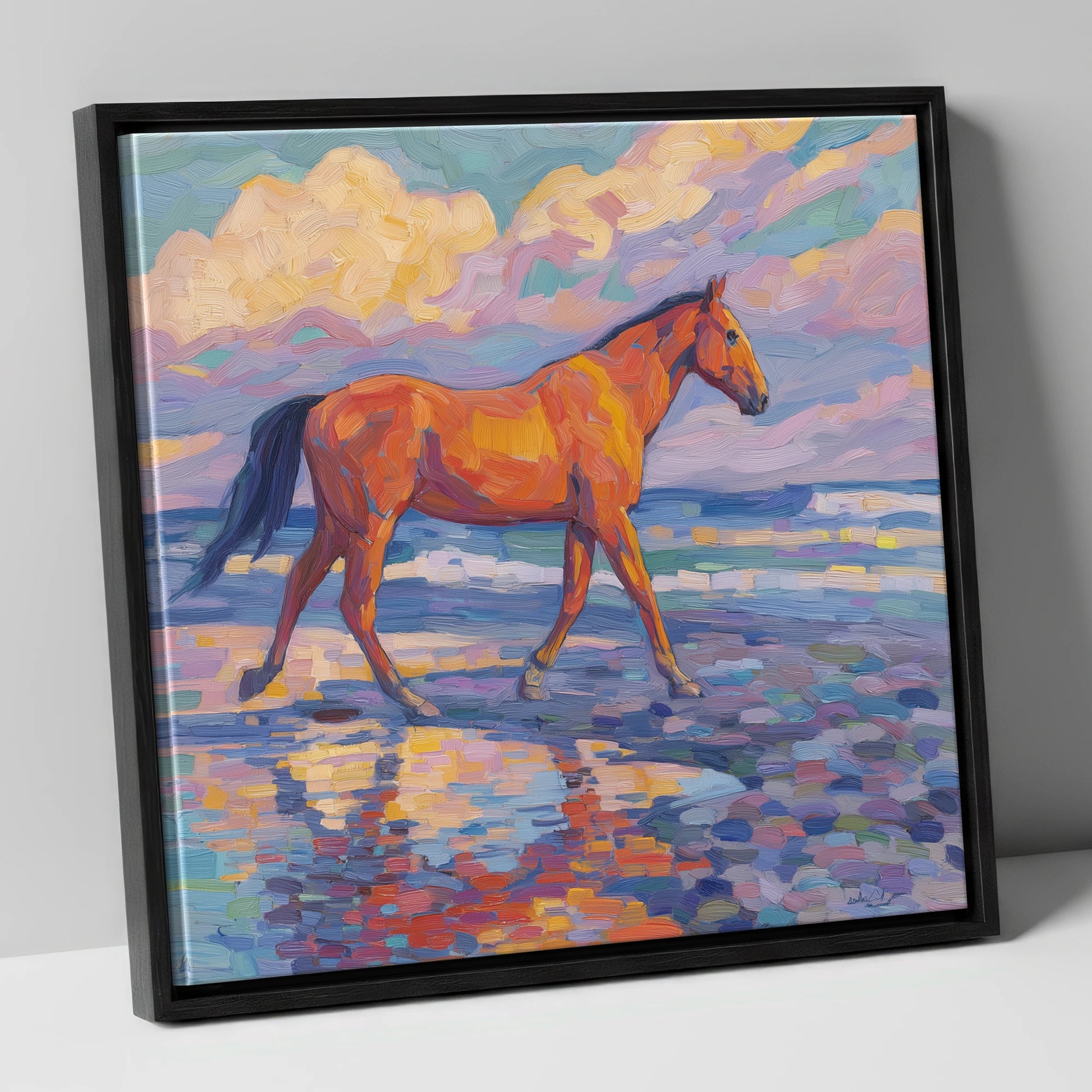 Vibrant Coastal Stroll horse landscape canvas wall art in black frame