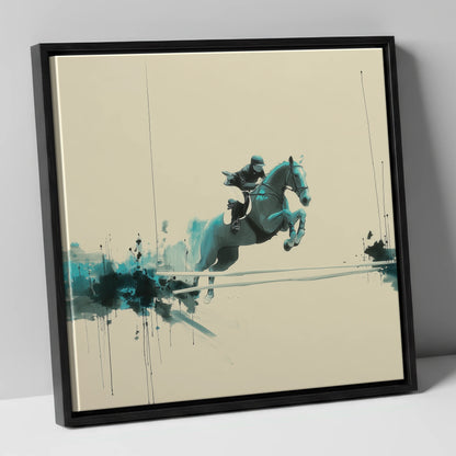 Airborne in Teal show jumping horse canvas wall art in black frame