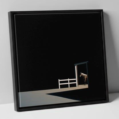 Morning Shadows horse stable canvas wall art in black frame