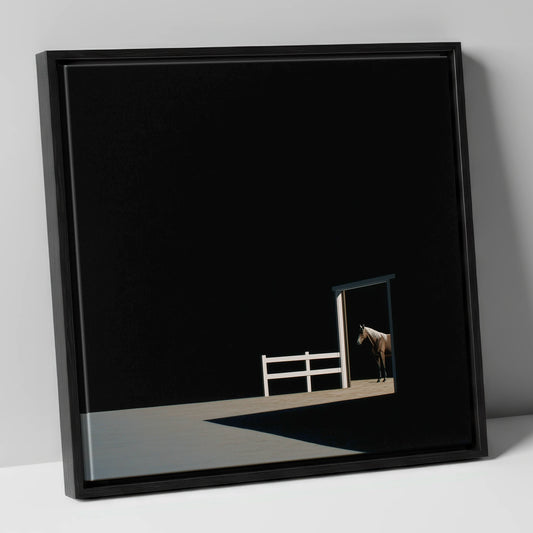 Morning Shadows horse stable canvas wall art in black frame