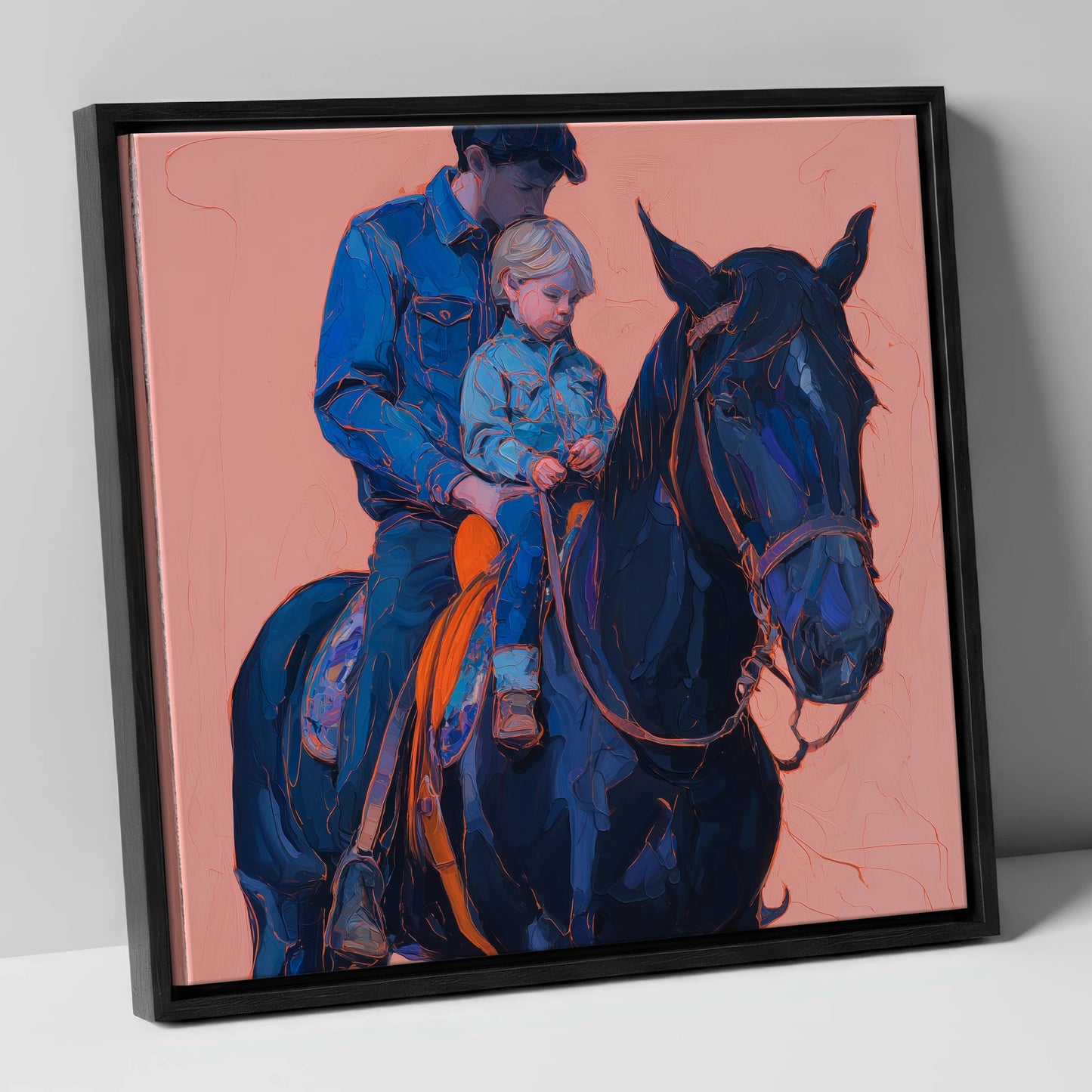 Safe in the Saddle horse & rider canvas wall art in black frame