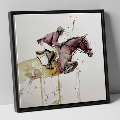 Burgundy Flight show jumping horse canvas wall art in black frame
