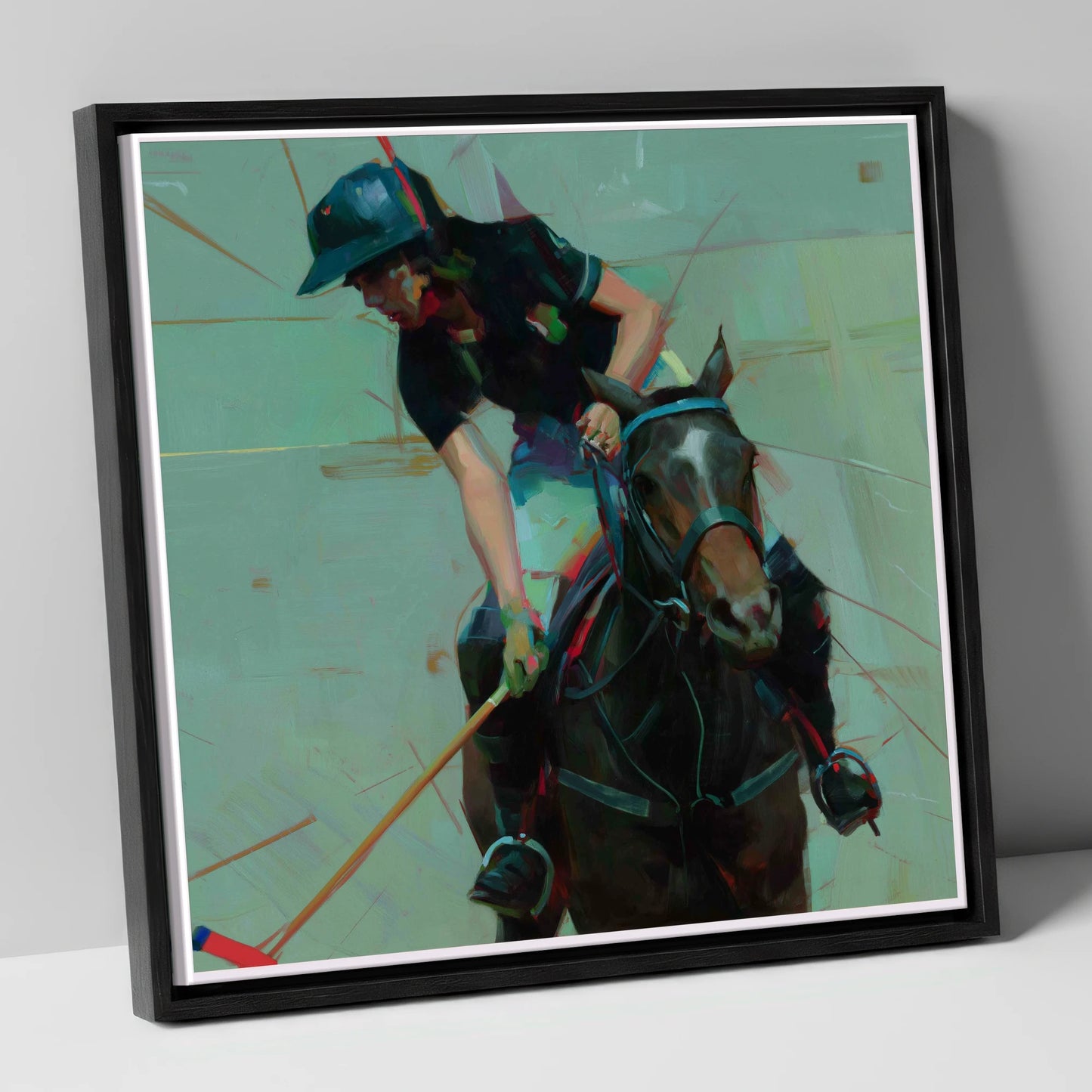 Mid-Match Focus polo horse canvas wall art in black frame