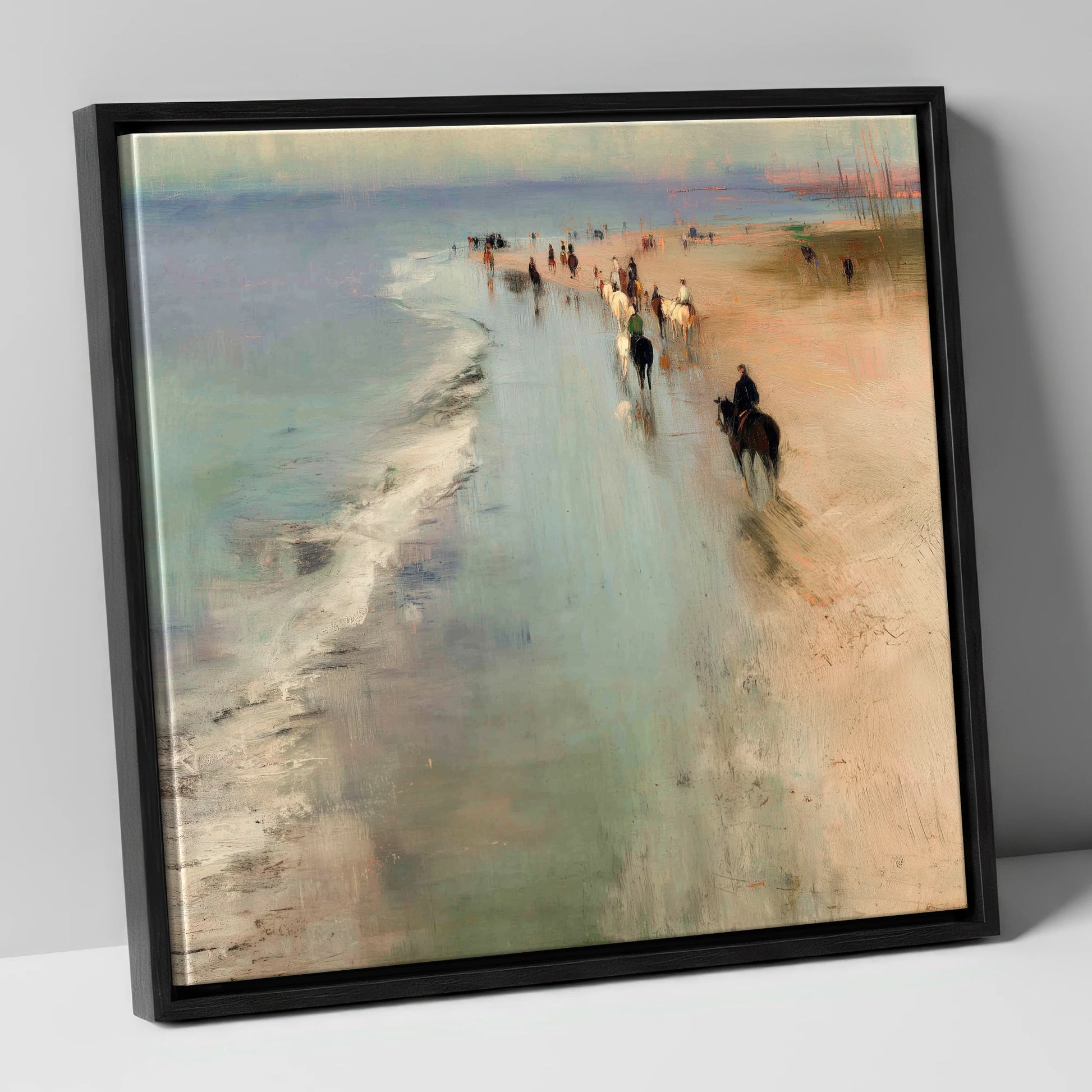 Misty Coastal String horse landscape canvas wall art in black frame