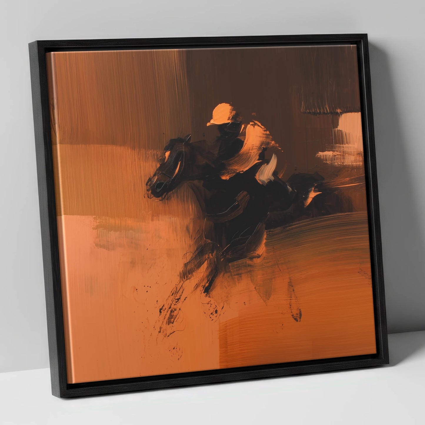 Amber Rush racing horse canvas wall art in black frame