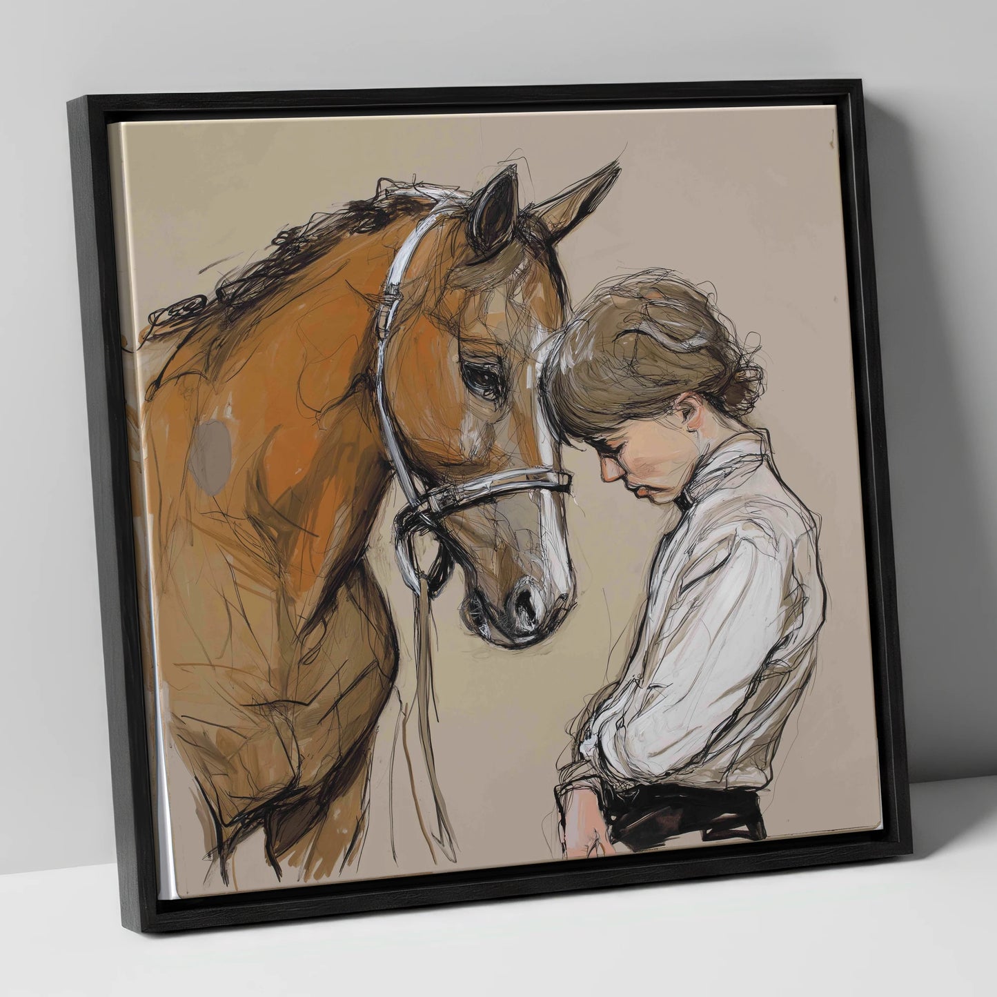 Silent Devotion horse & rider canvas wall art in black frame
