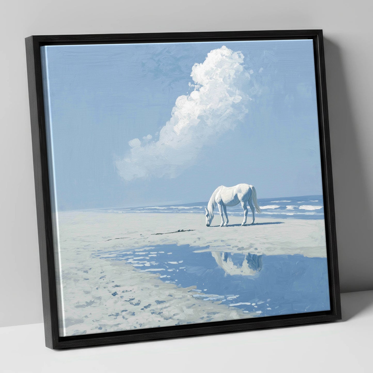 Azure Shore Solitude horse landscape canvas wall art in black frame