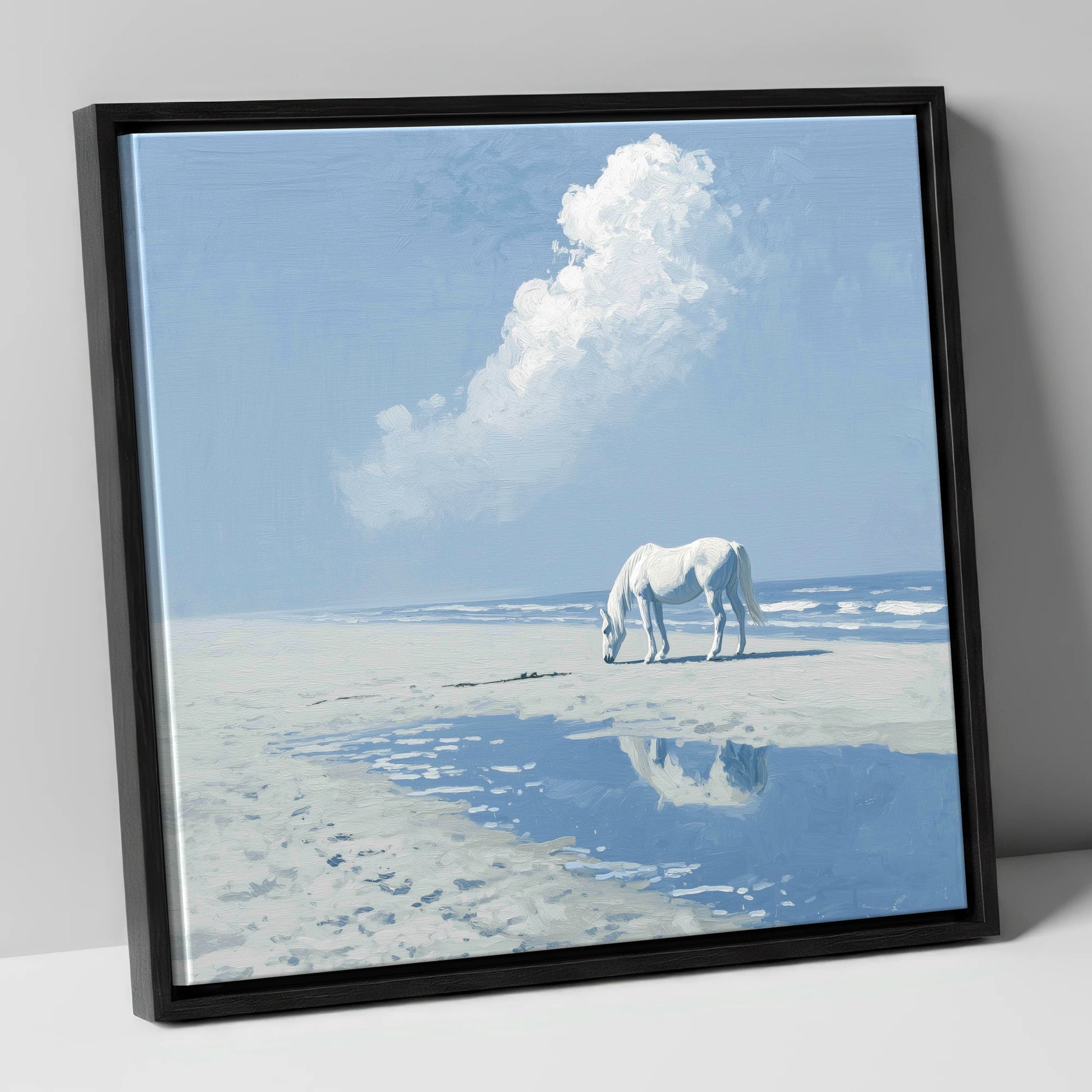 Azure Shore Solitude horse landscape canvas wall art in black frame