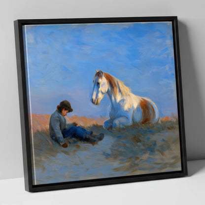 Sunlit Companions horse & rider canvas wall art in black frame