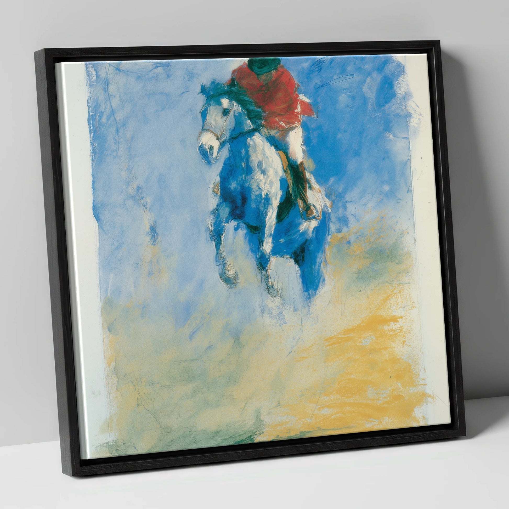 Cerulean Flight show jumping horse canvas wall art in black frame