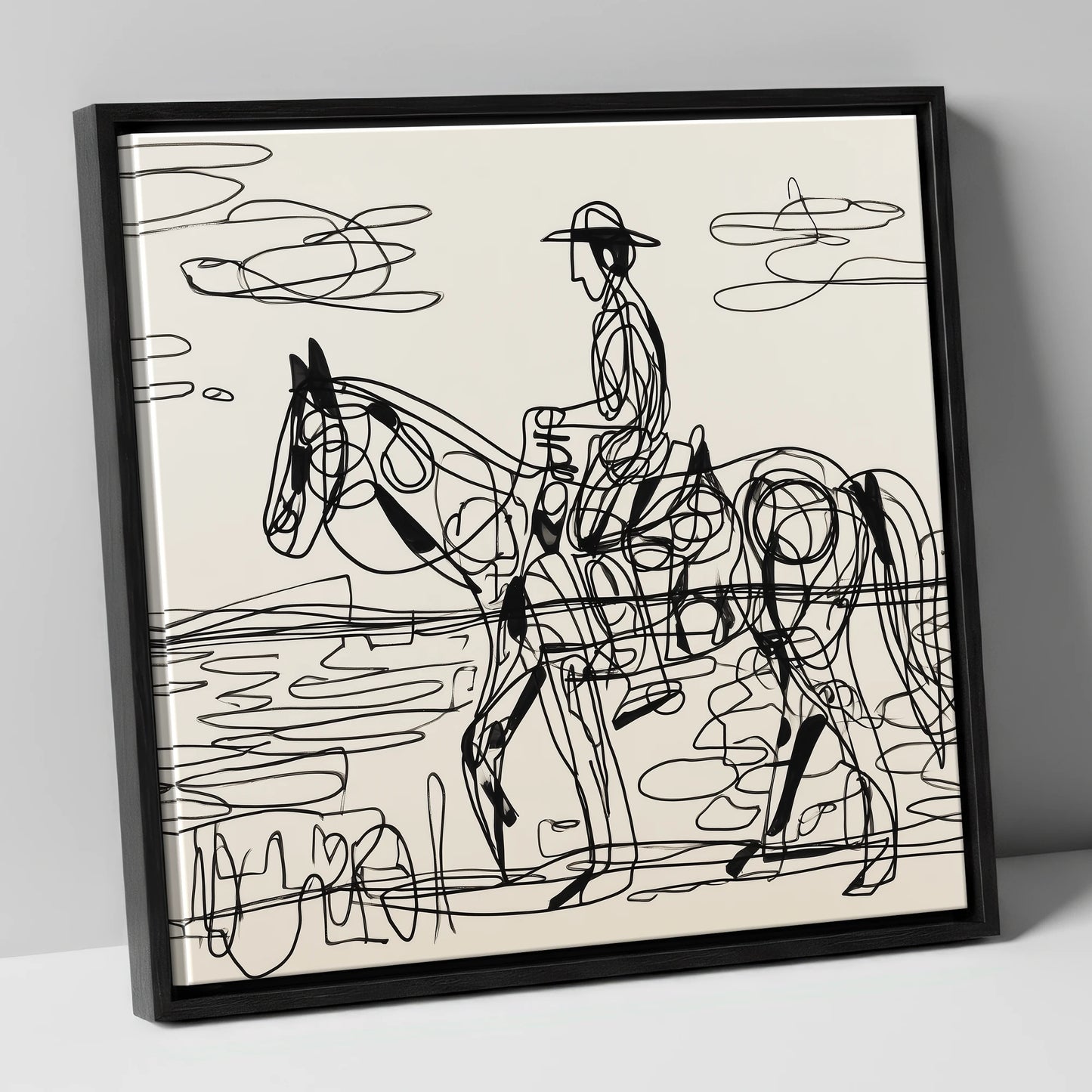 Linear Beach Ride beach horse canvas wall art in black frame
