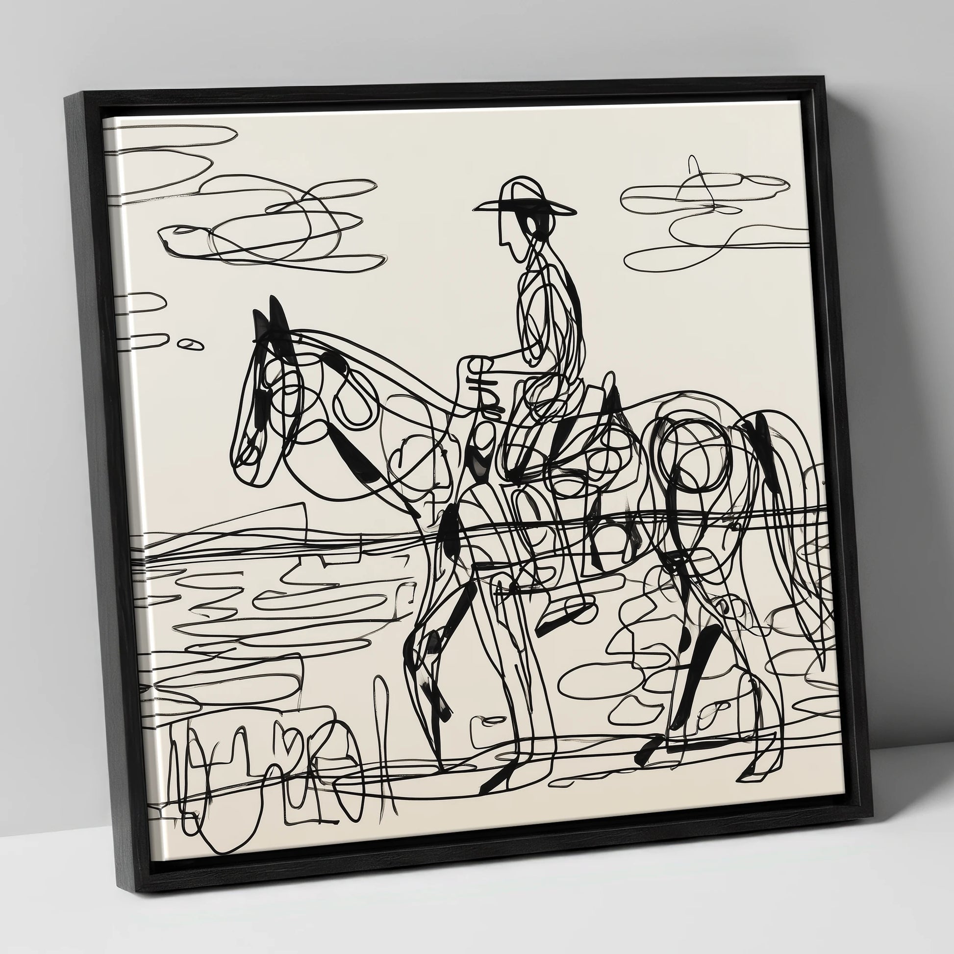 Linear Beach Ride beach horse canvas wall art in black frame