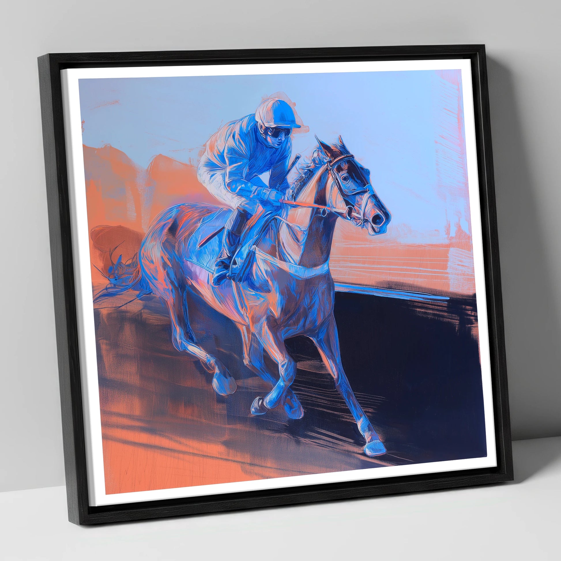Indigo Stride racing horse canvas wall art in black frame