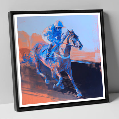 Indigo Stride racing horse canvas wall art in black frame