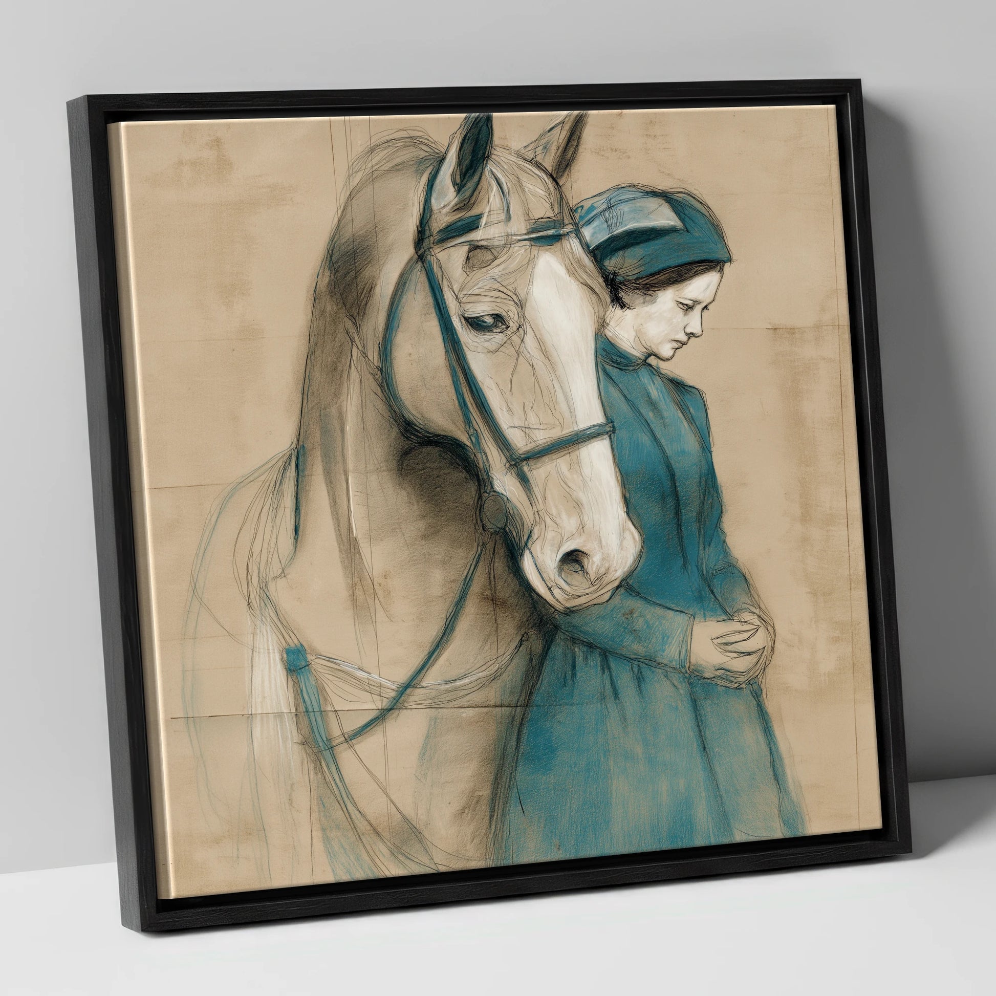 Silent Bond horse & rider canvas wall art in black frame