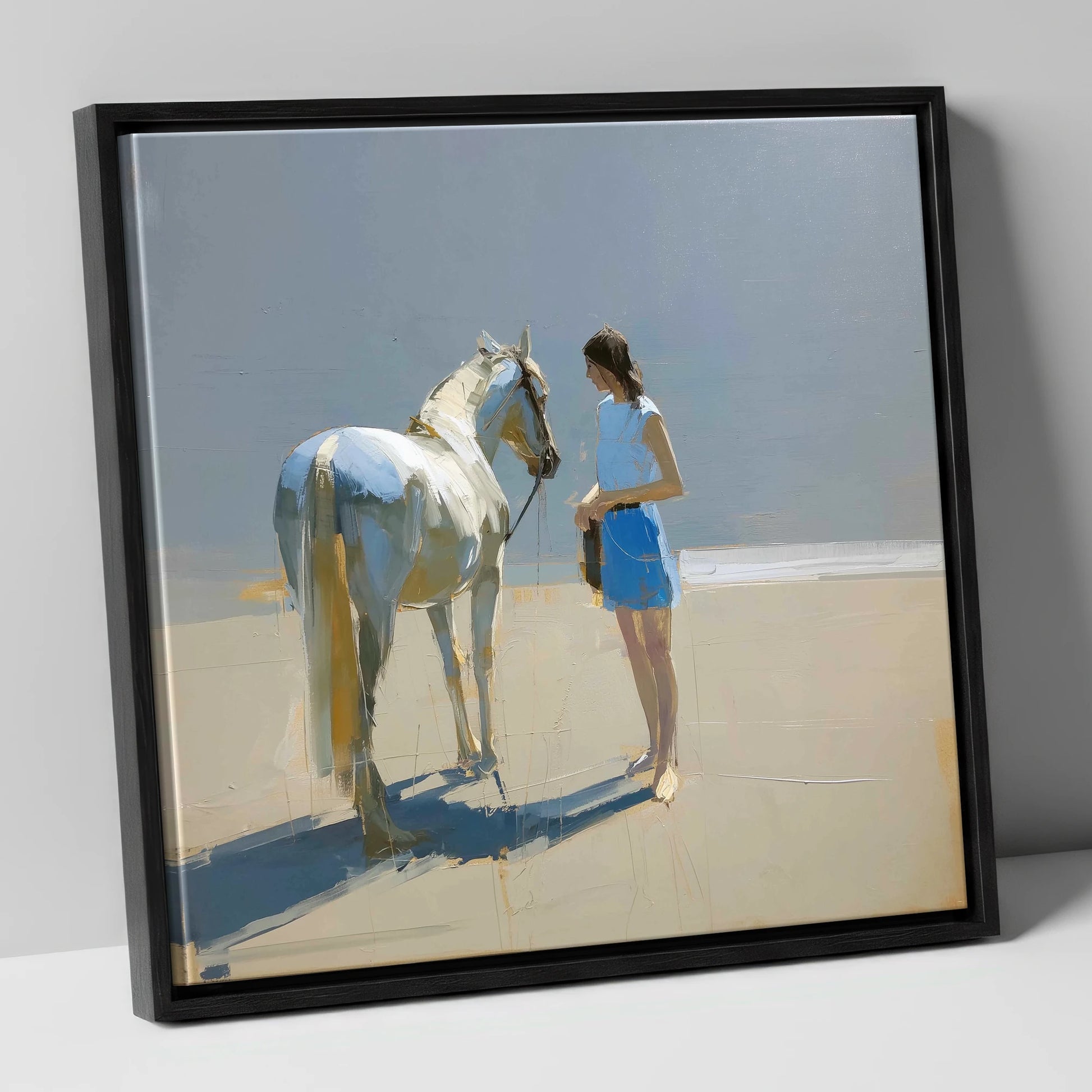 Sunlit Serenity in Blue horse & rider canvas wall art in black frame