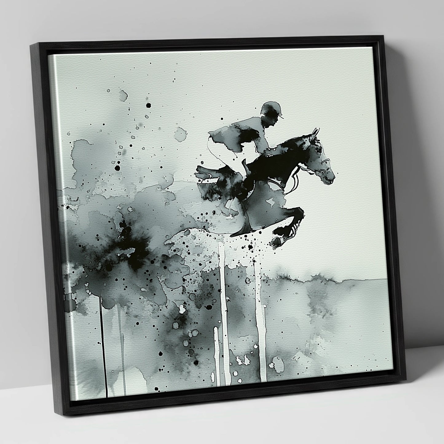 Airborne Shadows show jumping horse canvas wall art in black frame