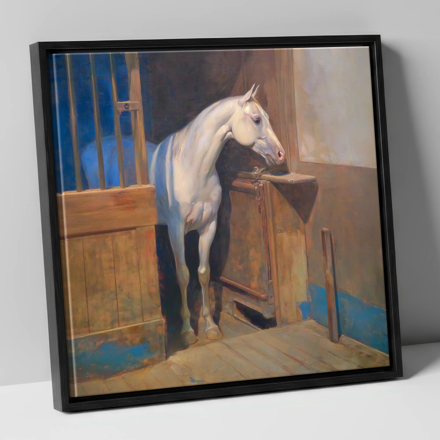 Solitude in the Stall horse stable canvas wall art in black frame