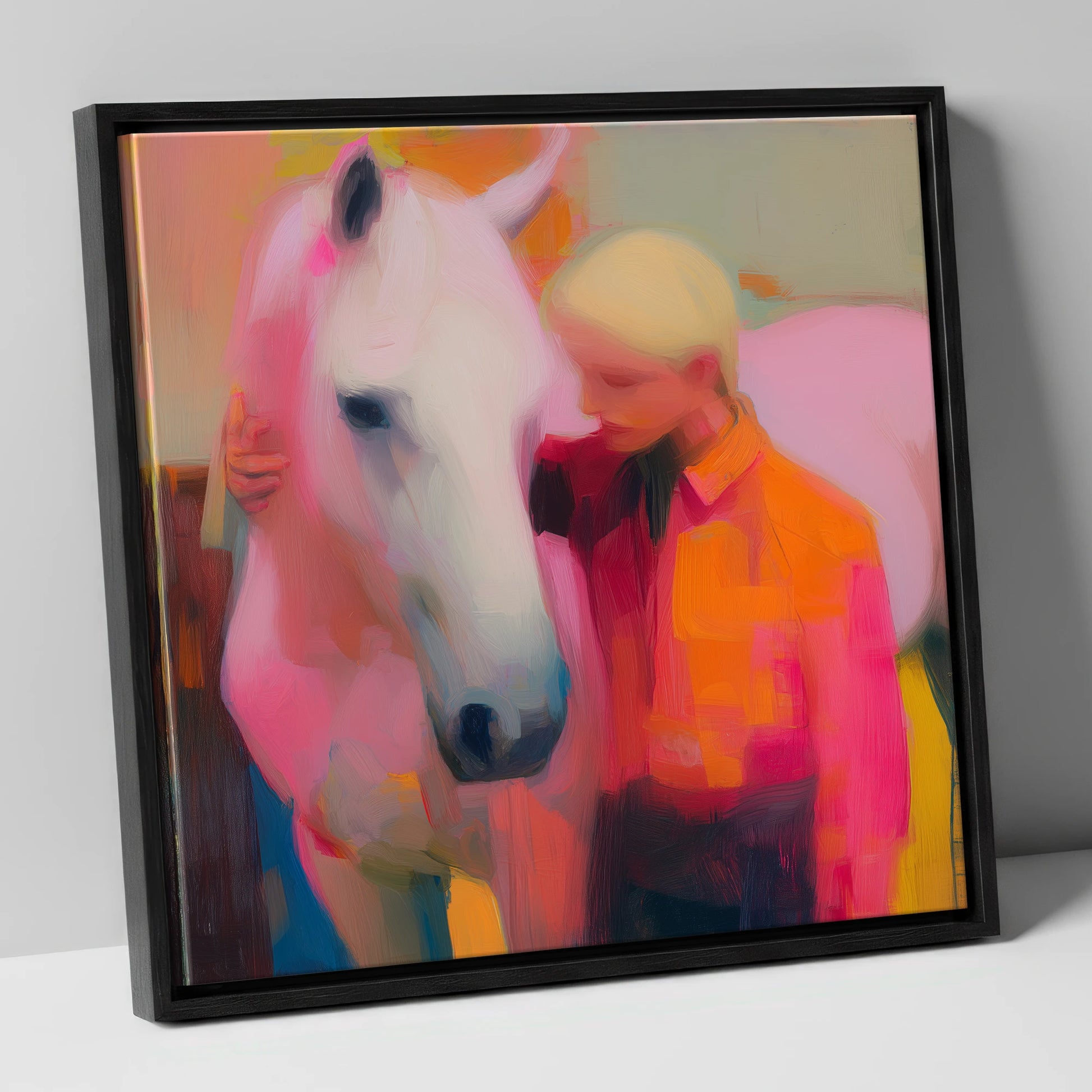 The Radiant Embrace horse & rider canvas wall art in black frame