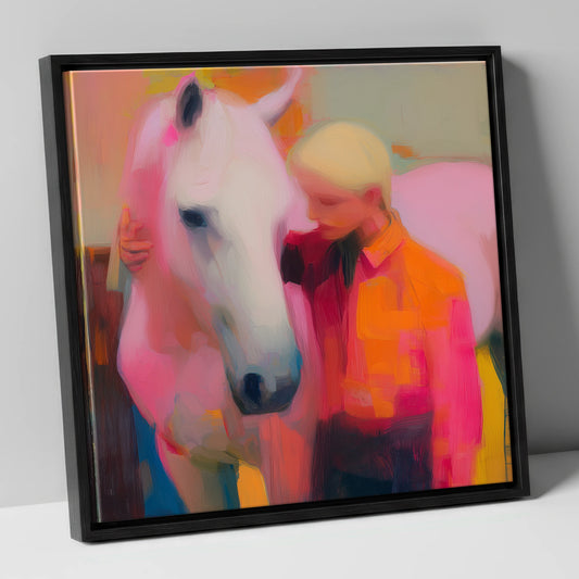 The Radiant Embrace horse & rider canvas wall art in black frame