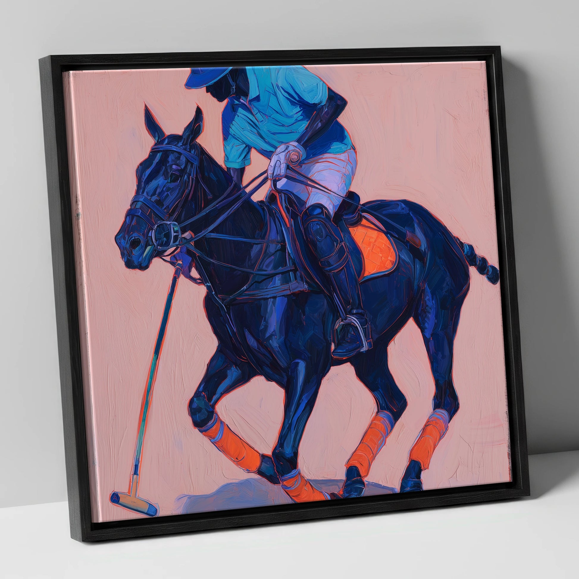 The Indigo Strike polo horse canvas wall art in black frame