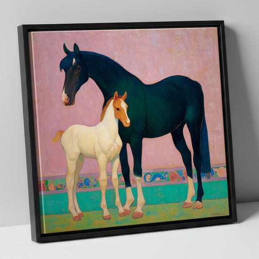 Midnight Mare and Foal mare & foal canvas wall art in black frame