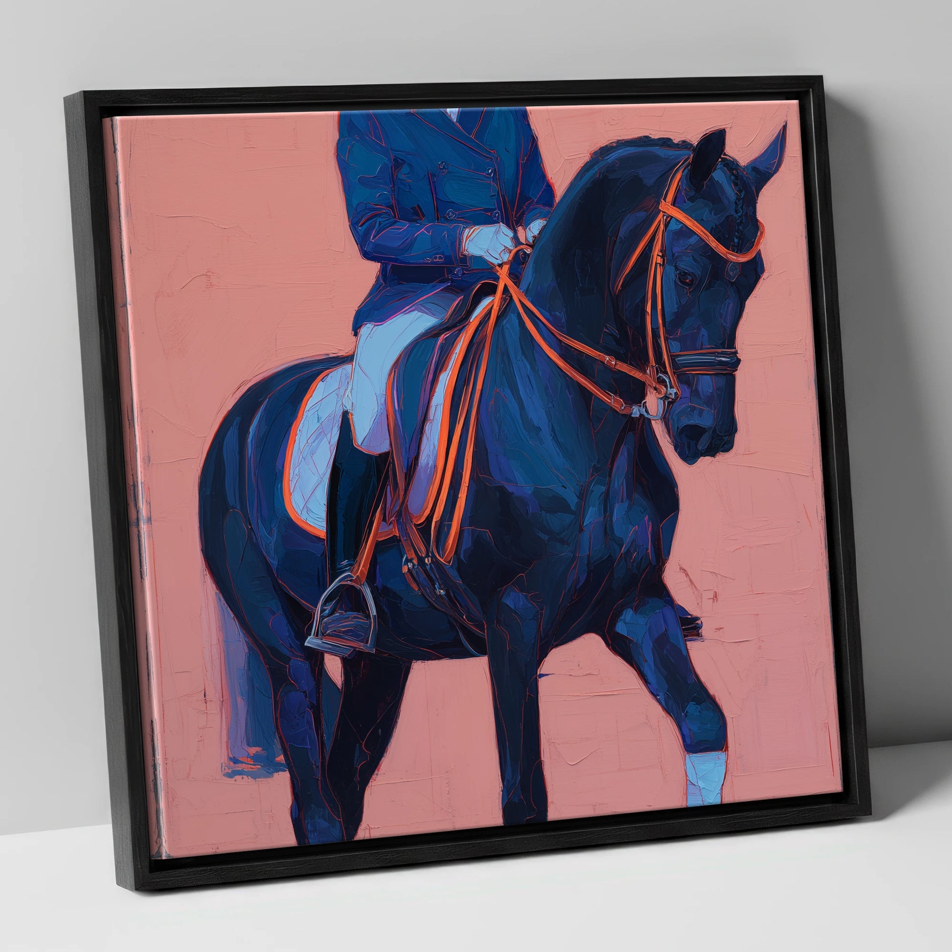 Indigo Dressage Rhythm dressage horse canvas wall art in black frame