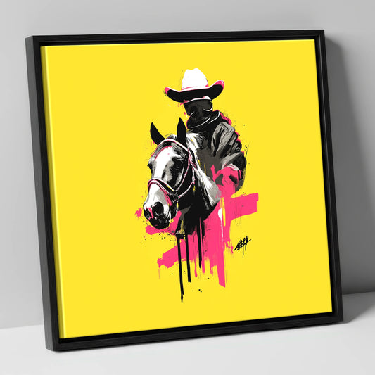 Magenta Western Rider western horse canvas wall art in black frame