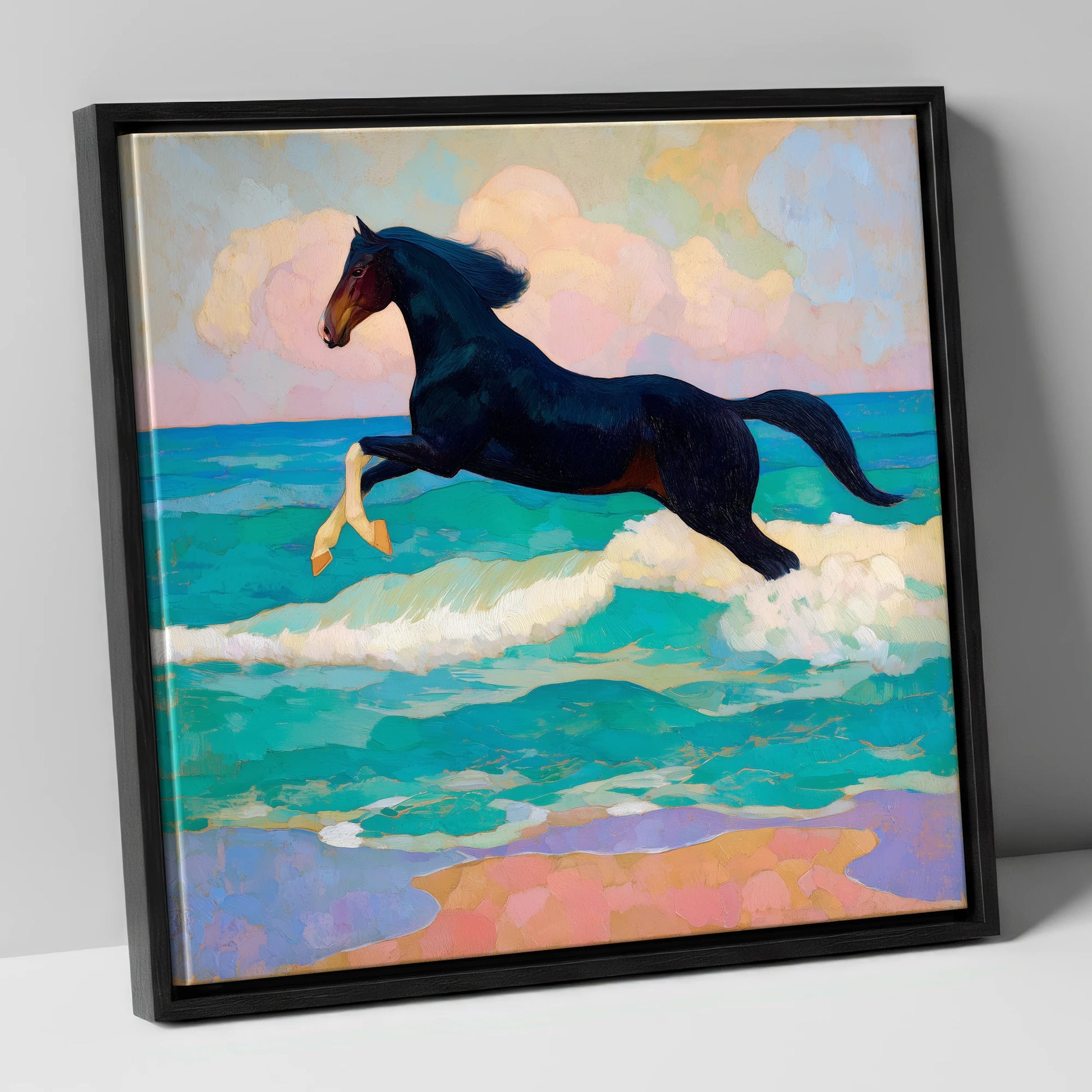 Cresting the Tide beach horse canvas wall art in black frame