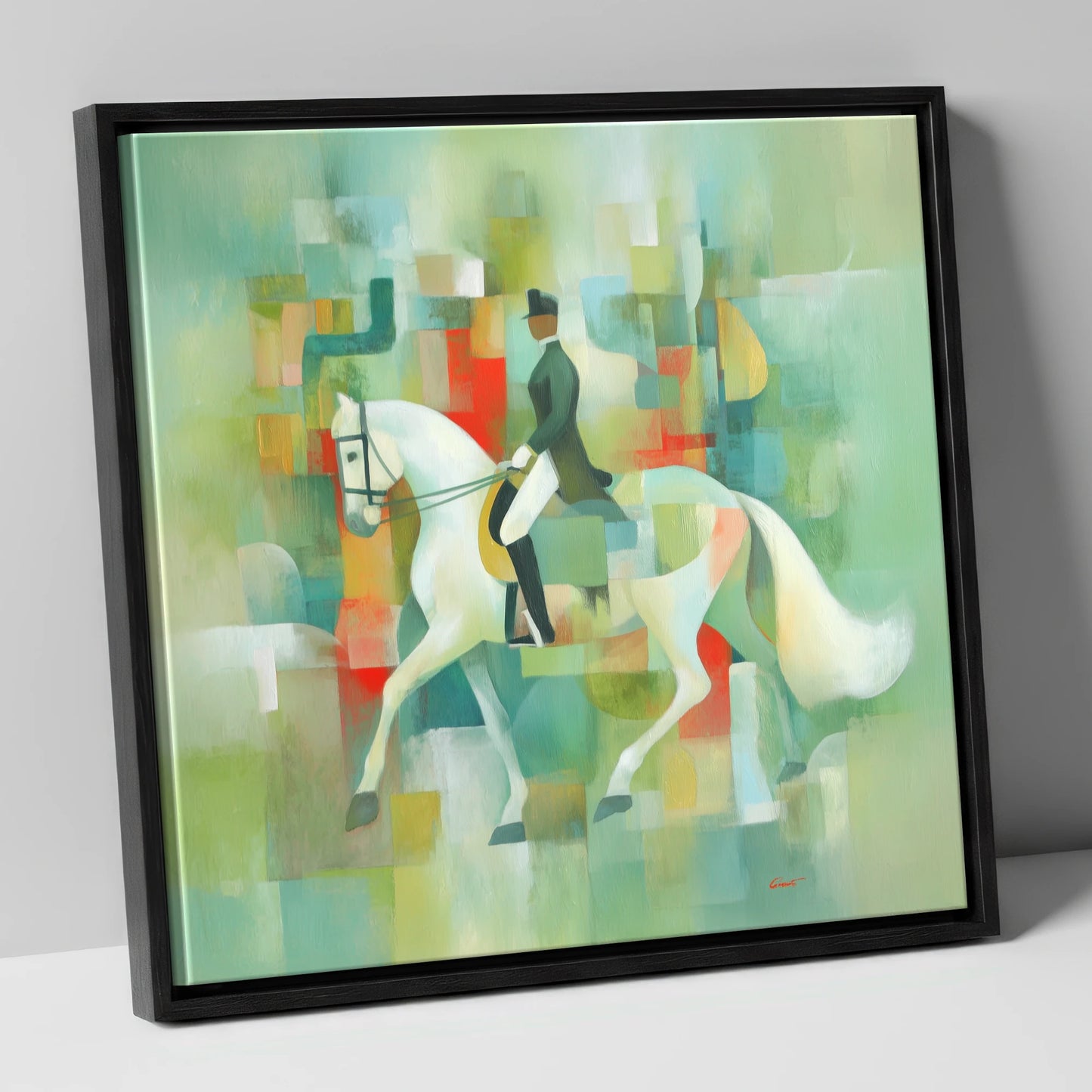 Modern Dressage Mosaic dressage horse canvas wall art in black frame