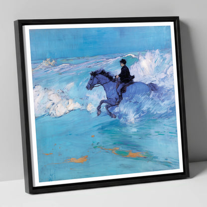 The Azure Tide beach horse canvas wall art in black frame