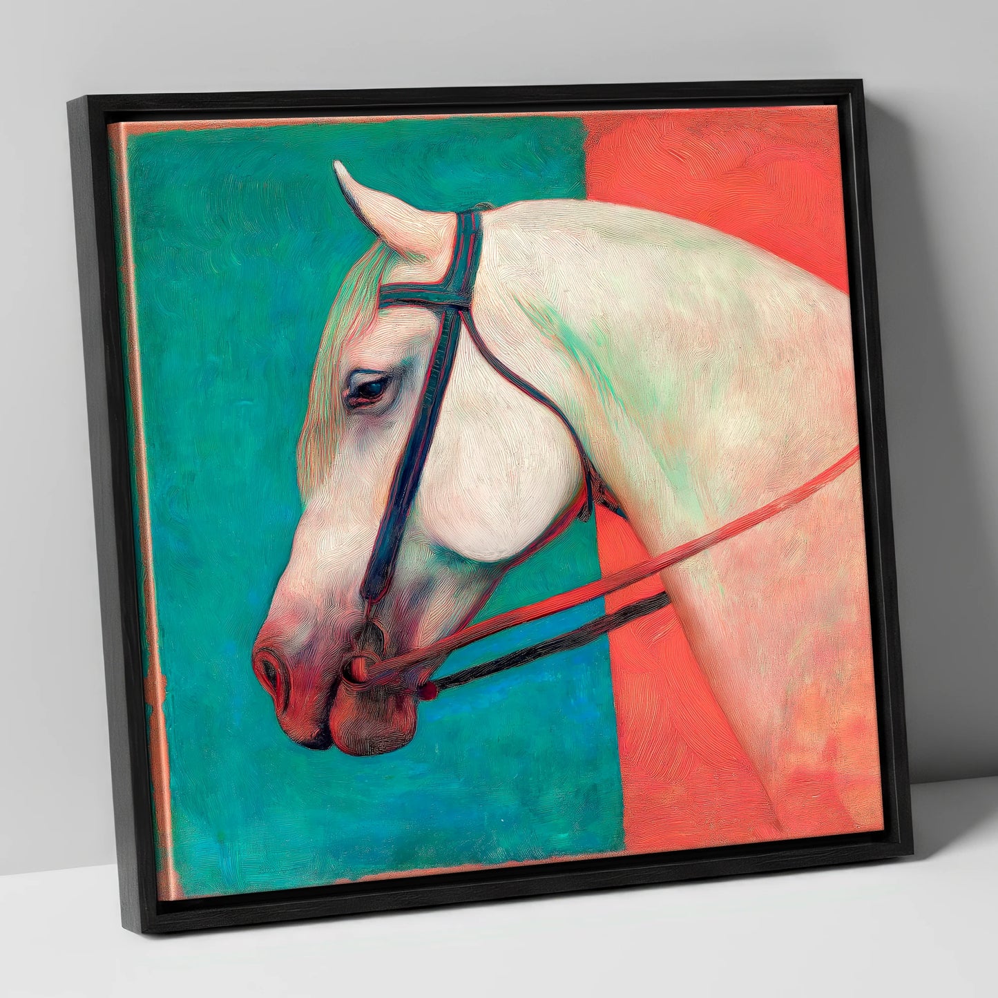 Crimson and Emerald Profile horse breed canvas wall art in black frame