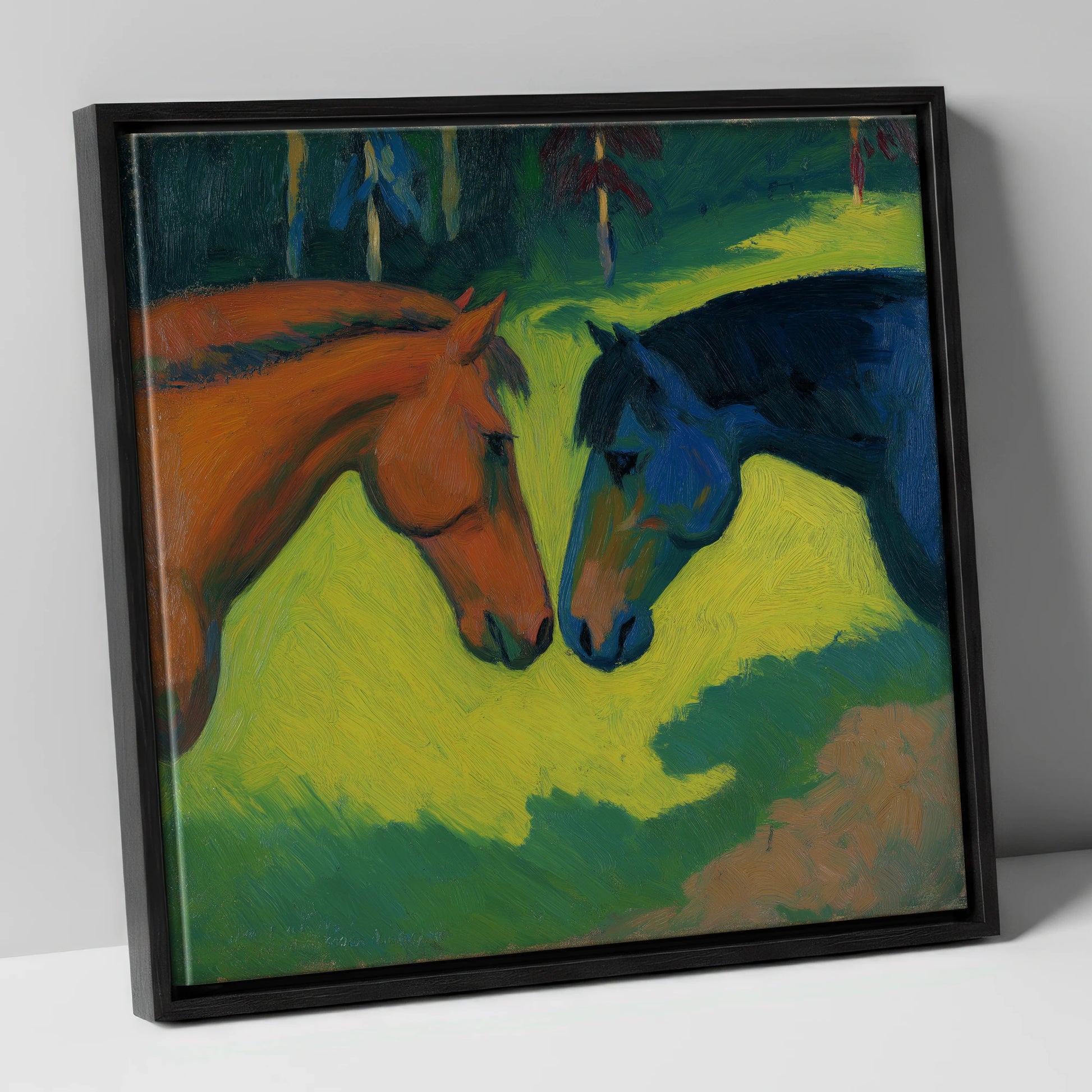 Vibrant Equine Connection horse portrait canvas wall art in black frame