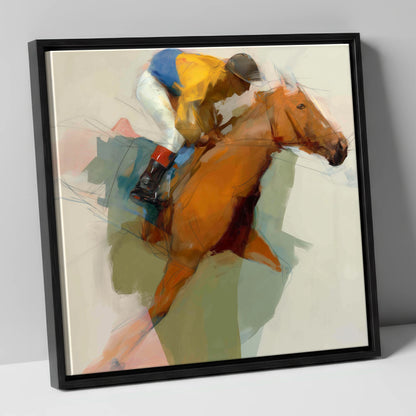 The Front Runner racing horse canvas wall art in black frame