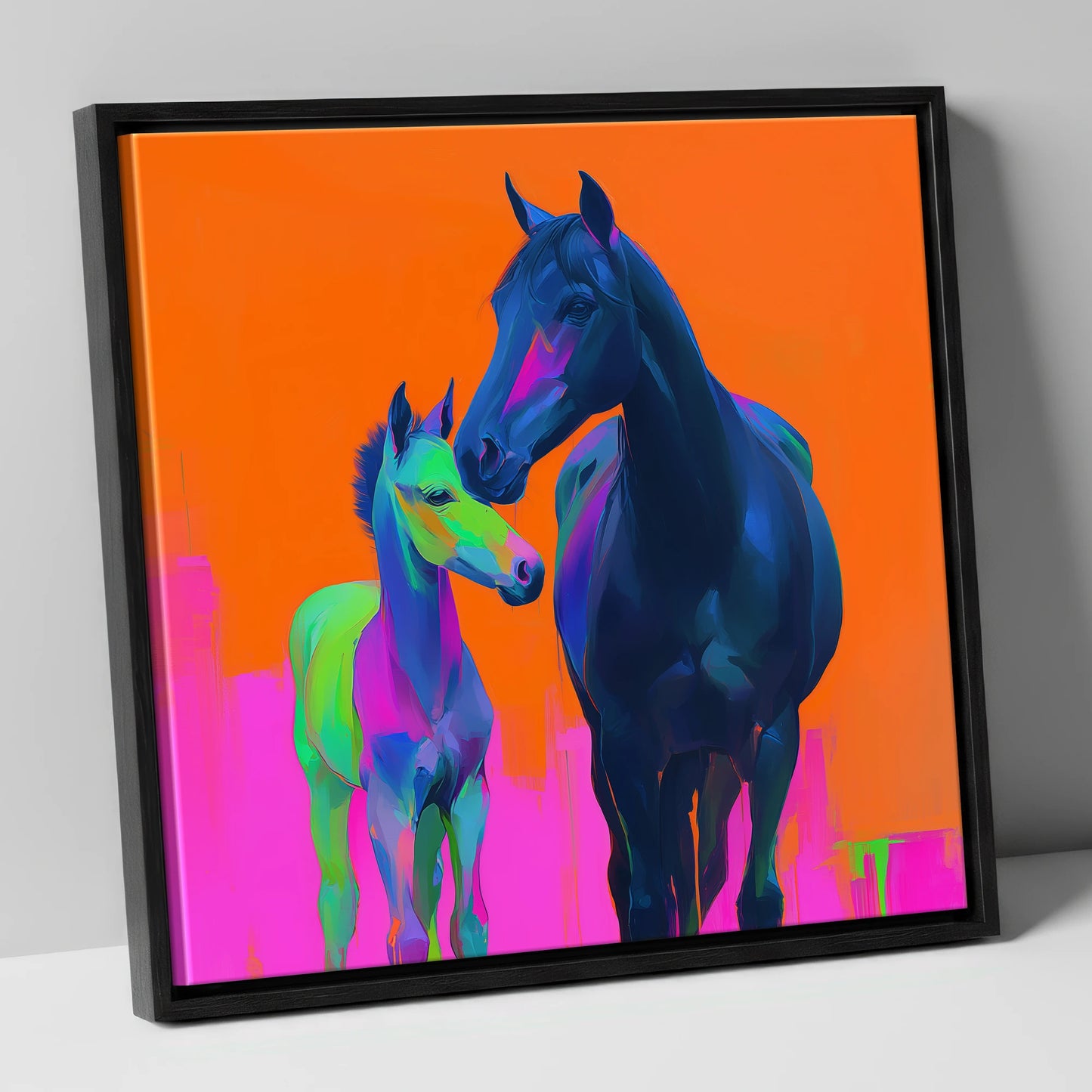 Electric Bond mare & foal canvas wall art in black frame