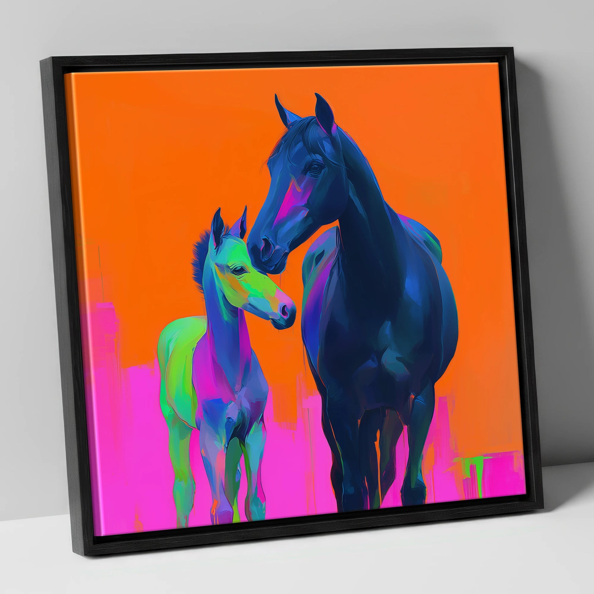 Electric Bond mare & foal canvas wall art in black frame