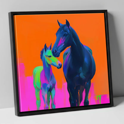 Electric Bond mare & foal canvas wall art in black frame