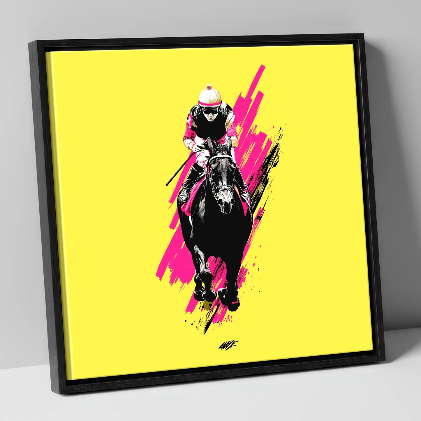 The Front Runner racing horse canvas wall art in black frame