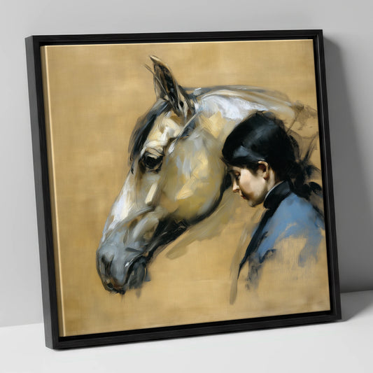 The Silent Bond horse & rider canvas wall art in black frame